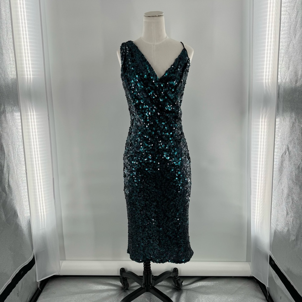 Badgley Mischka Green Sheath Midi Dress V-Neck Sleeveless
